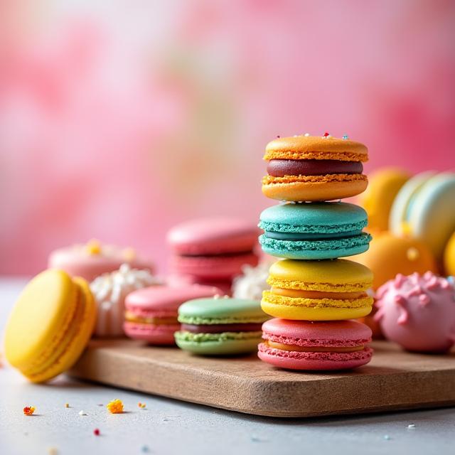 A colourful display of freshly baked artisan macarons and pastries.