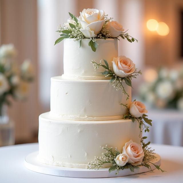 An elegant multi-tiered bespoke wedding cake with floral decorations.