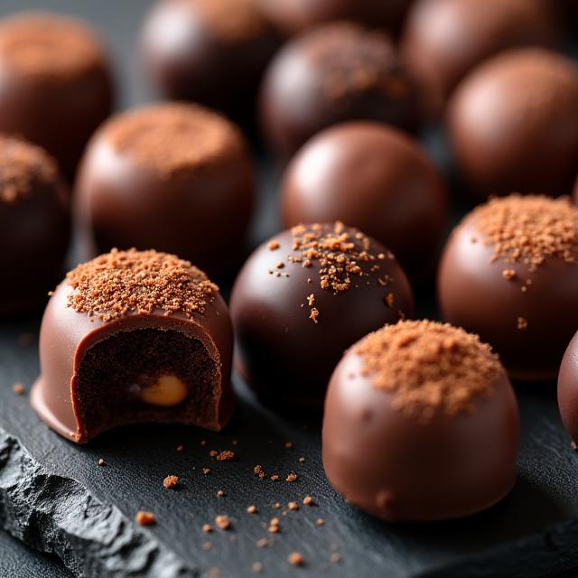 A close-up of an assortment of gourmet chocolate truffles on a dark slate.